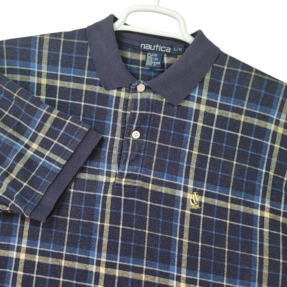Nautica Polo Shirt Mens L Blue Plaid Short Sleeve CottonVintage 90's Made in USA